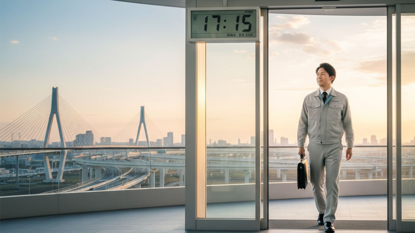 定時に帰宅する発注者支援業務で働く男性