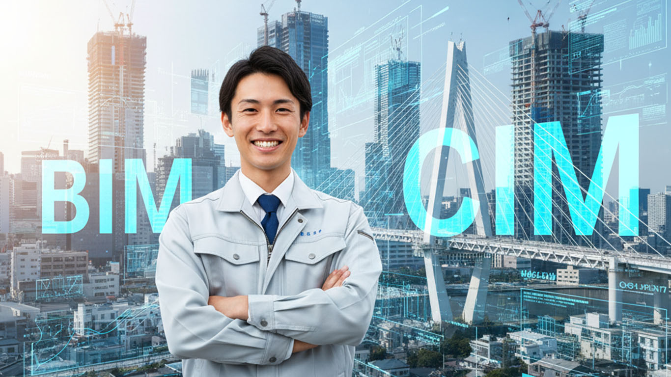 BIM、CIMの文字を携えて笑顔の施工管理技士