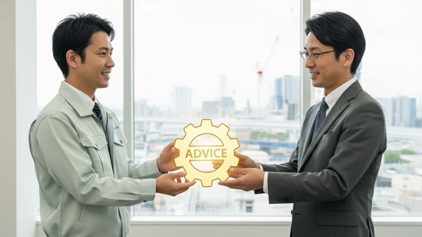 建設コンサルタントの男性が公務員の男性にアドバイスを渡している