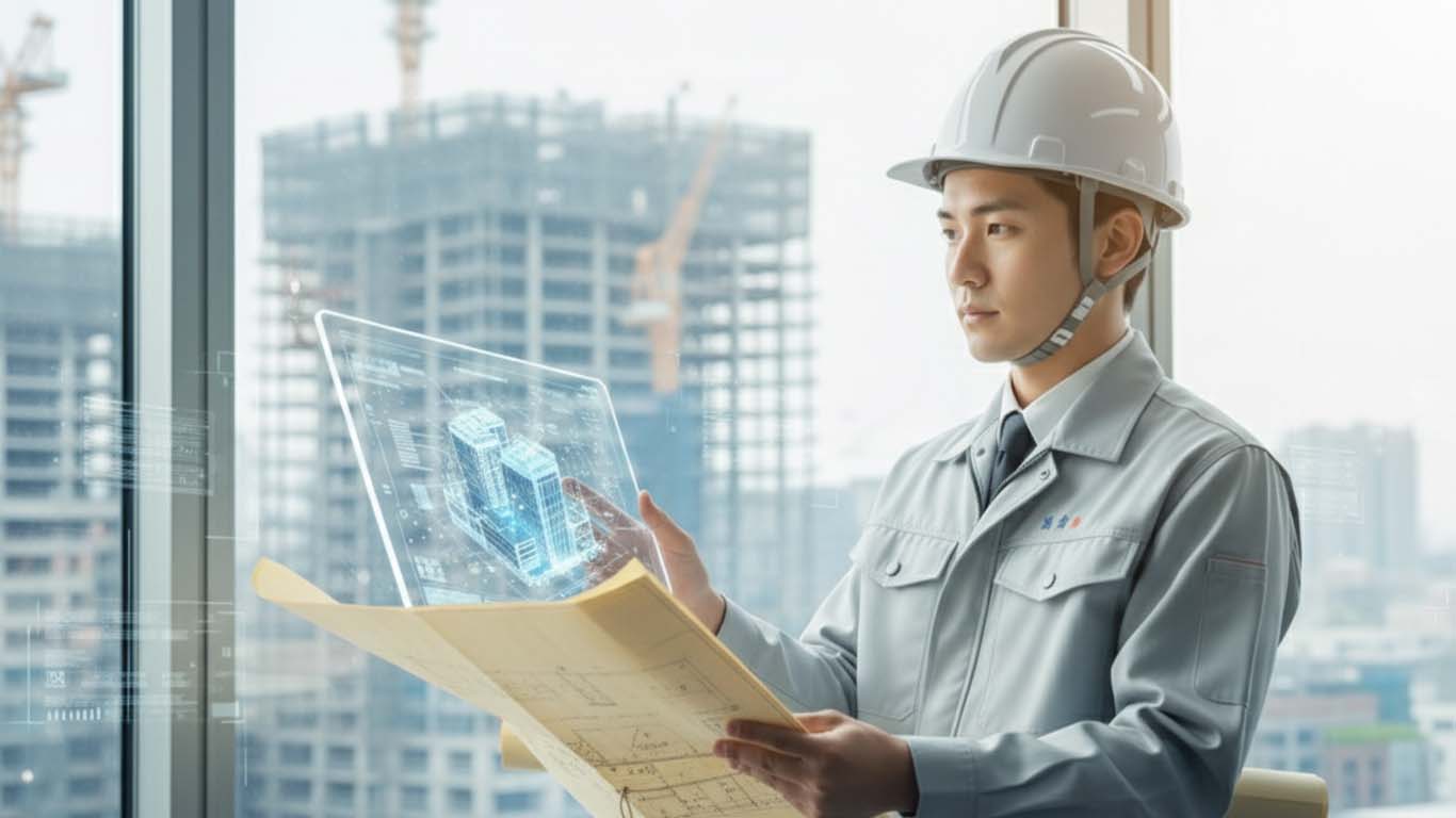 監理技術者が古い紙の設計図とBIM/CIMデータを交互に見比べている