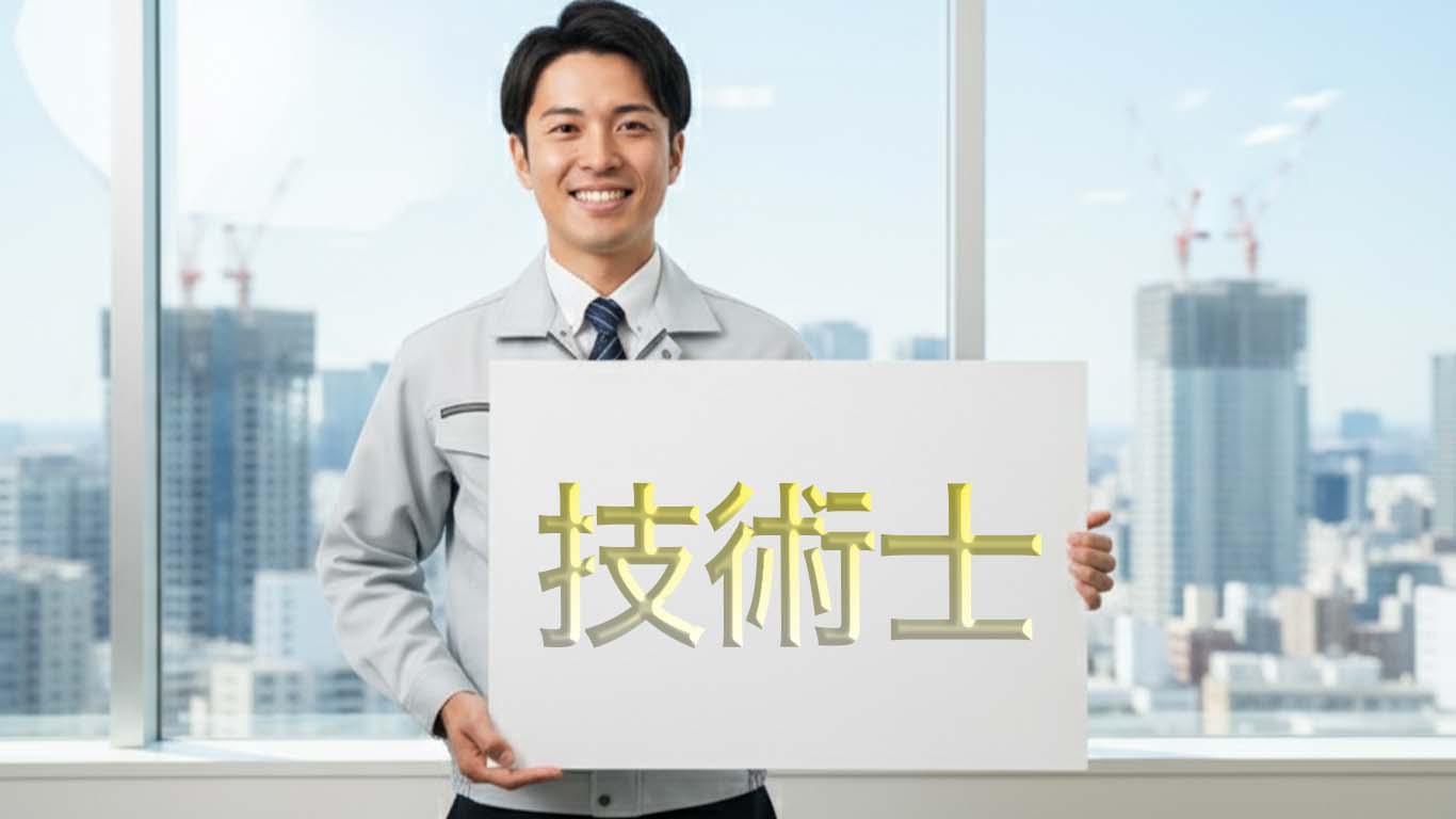 技術士の看板を持った技術士の男性