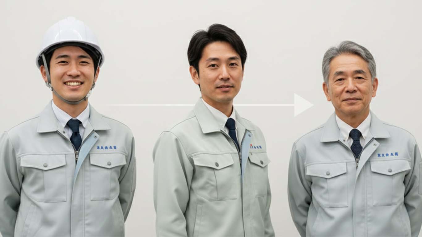 施工管理の男性が年齢を重ねていく画像