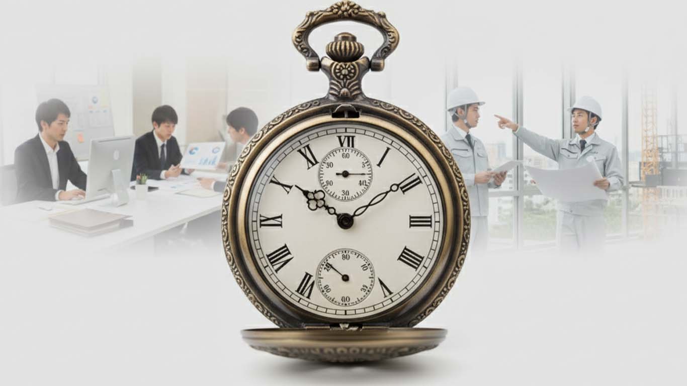 工事監督支援業務の1日のスケジュールを懐中時計でアイコン化している