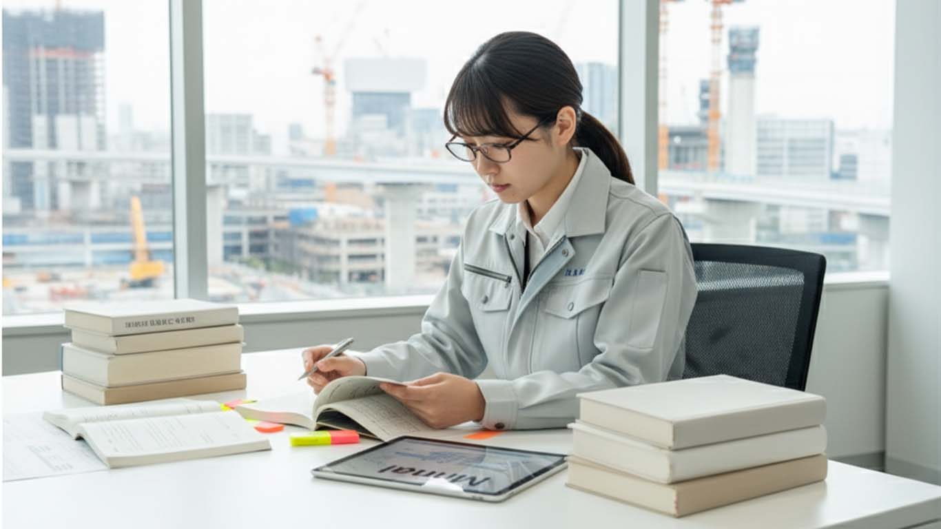 工事監督支援業務の女性がマニュアルなどを勉強している