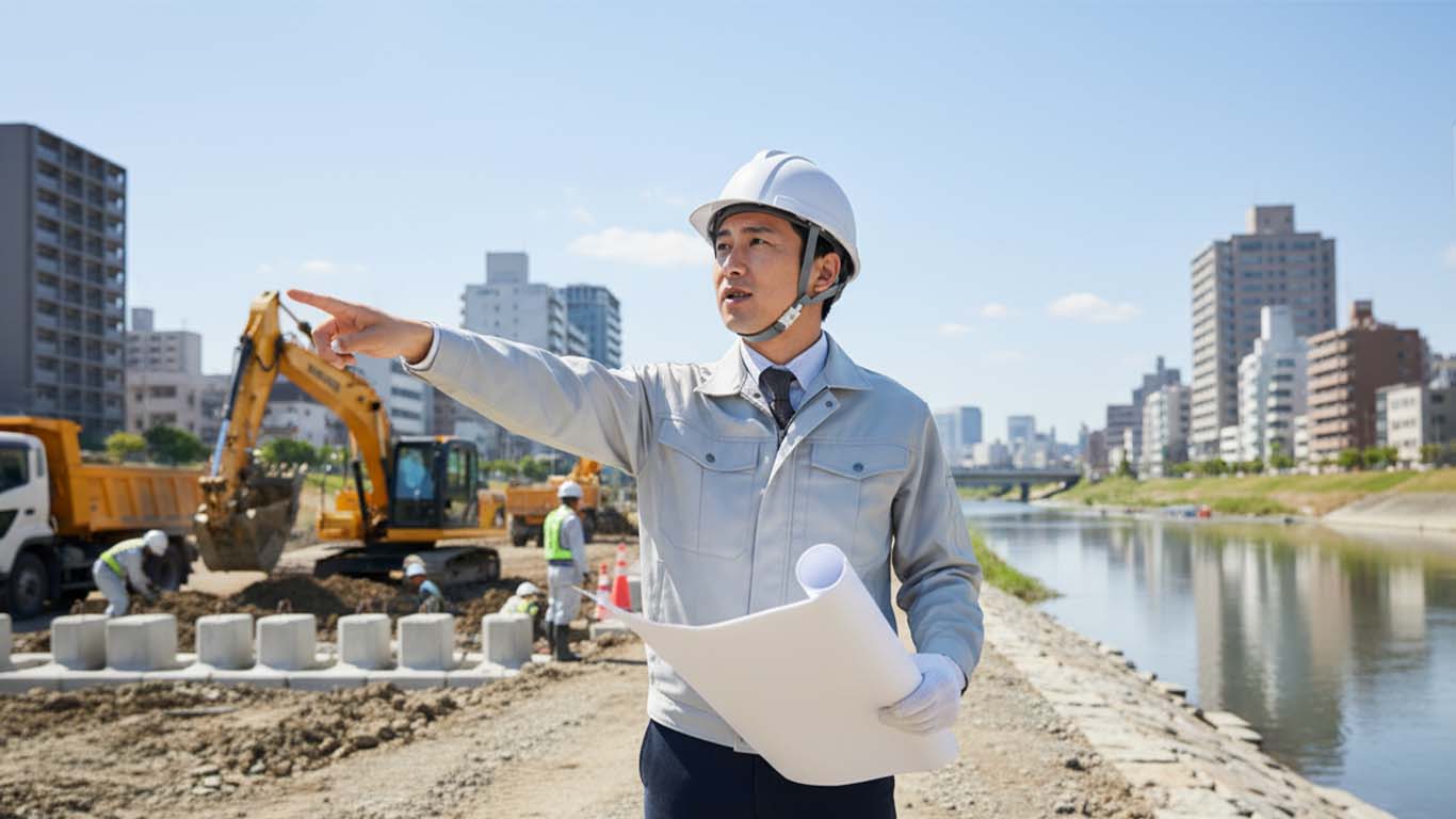 県の発注者支援で河川工事の工事監督支援業務に従事する男性