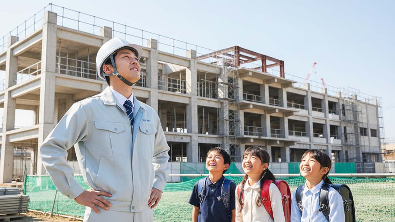 市の発注者支援で学校建築の工事監督支援業務に従事する男性