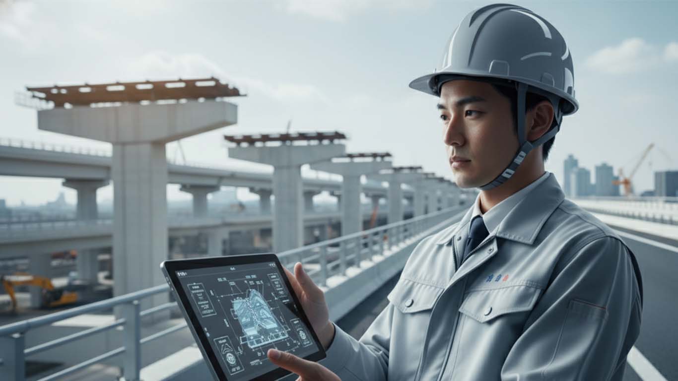 高速道路の発注者支援で工事監督支援業務に従事する男性