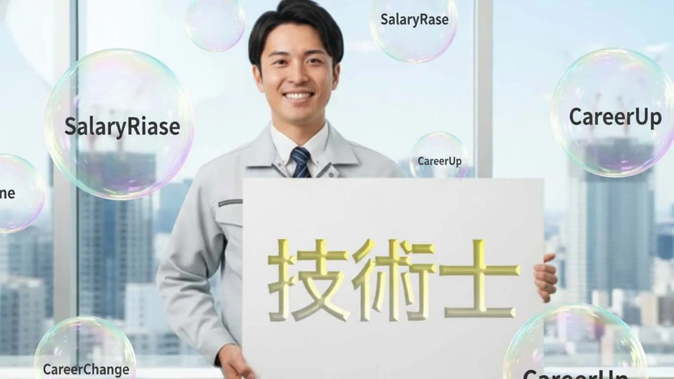 技術士の資格を持った男性の給与アップや、キャリアアップの選択肢が浮かんでいる