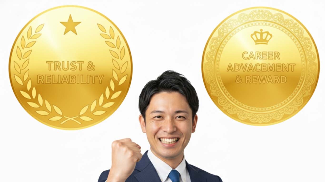 信頼やキャリアアップの称号を手にいれ喜んでいる技術者の男性