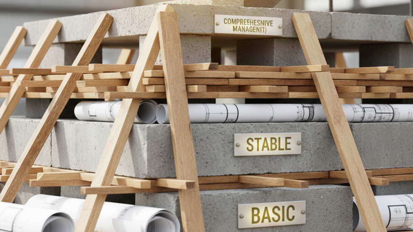 技術士試験を受験するにあたり、基礎、安定の上に「総合管理」という称号が得られることを暗示する画像