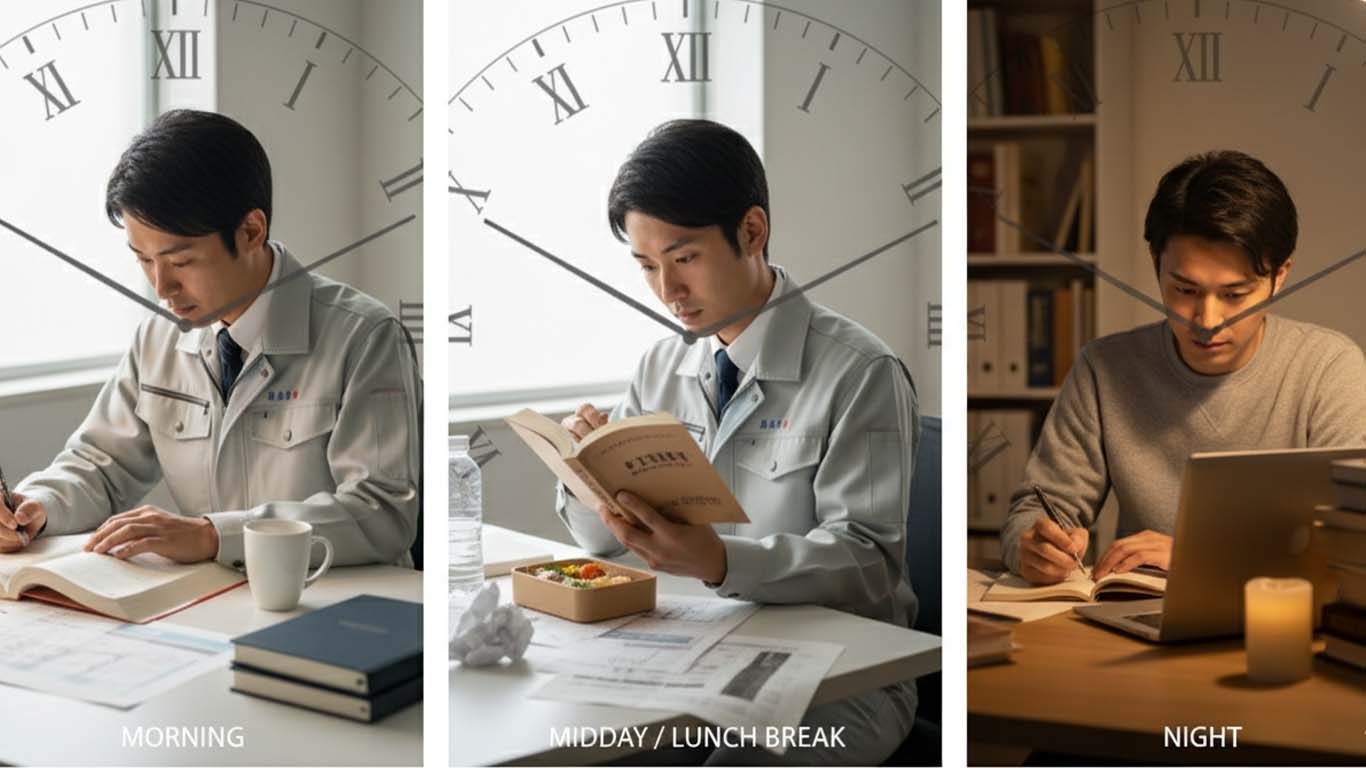 時間を決めて技術士試験の勉強をする技術者の男性