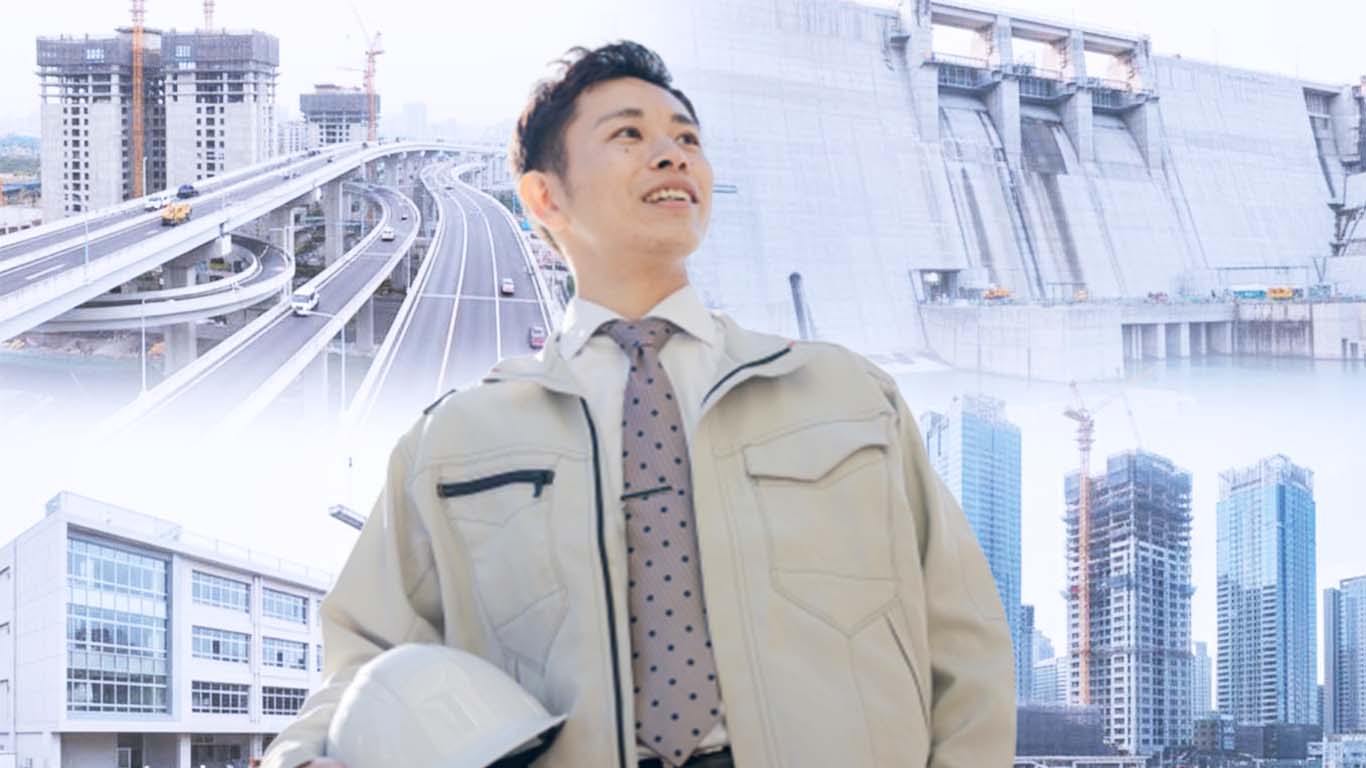 施工管理技士の男性が色々な現場で働いたことを示す画像