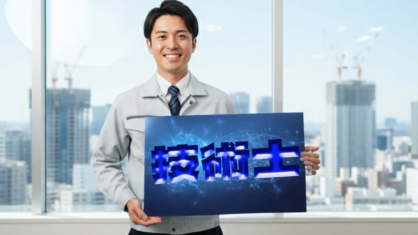 技術士の看板を誇らしげに持っている技術者