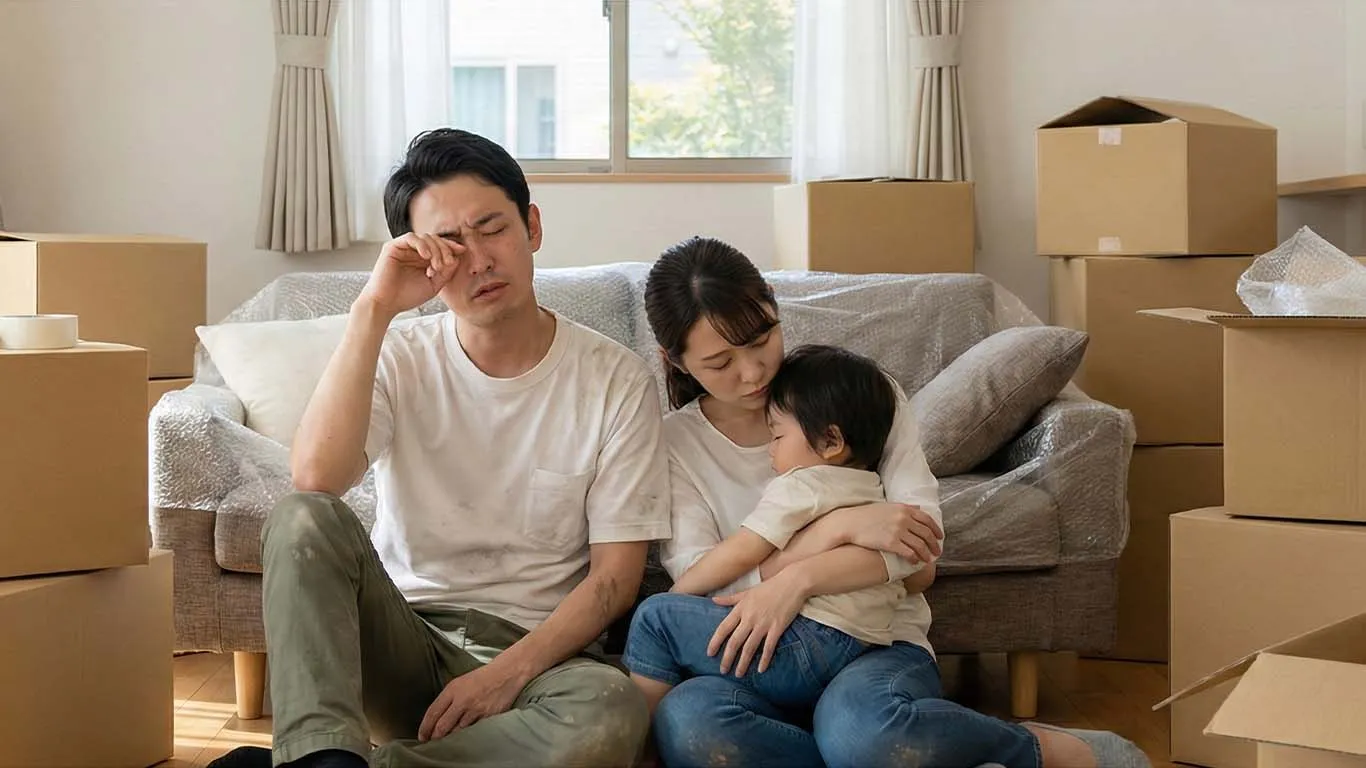 転勤による引越しで疲れている技術者の男性と家族