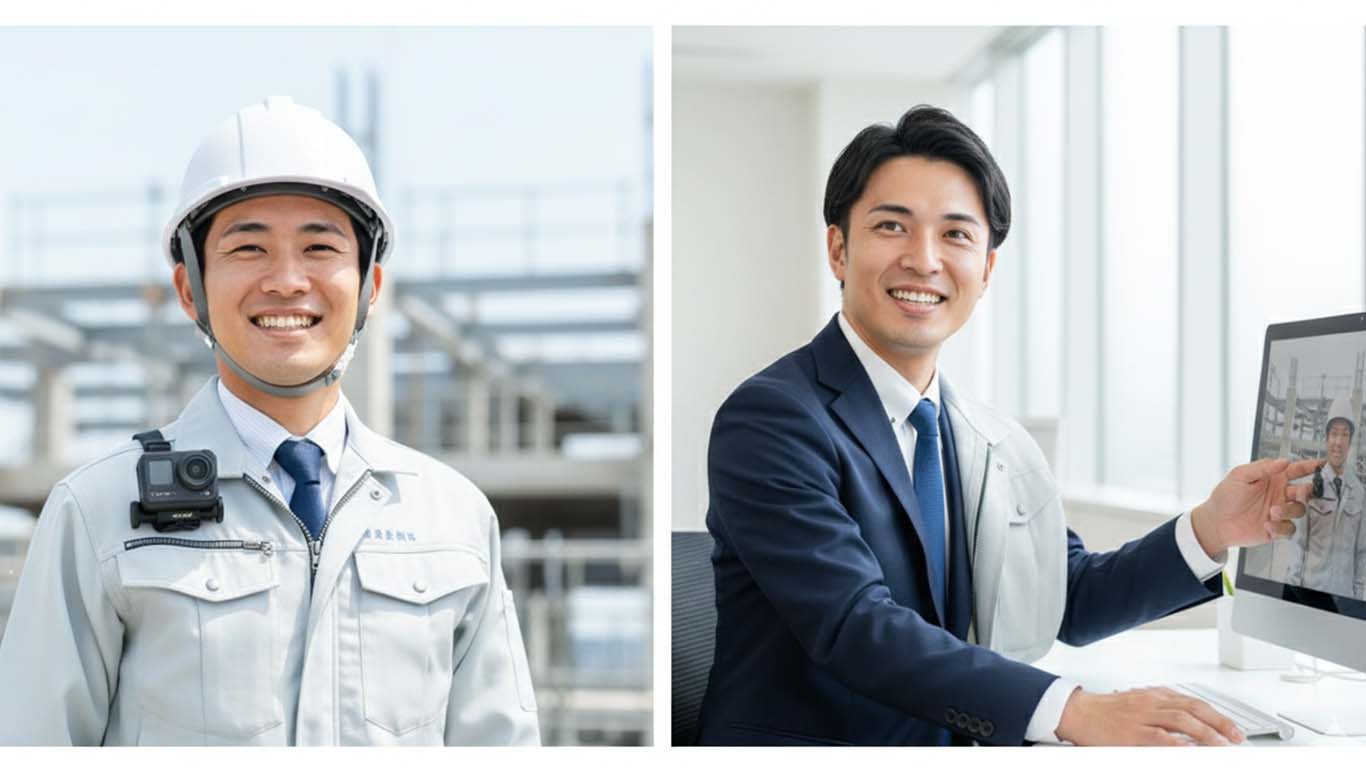 ウェアラブルカメラで現場を支える作業員と、それを遠隔確認する工事監督支援の男性