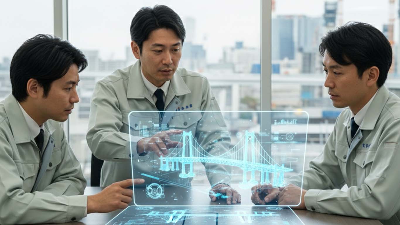 3D化模型を見て計画をする作業員と工事監督支援