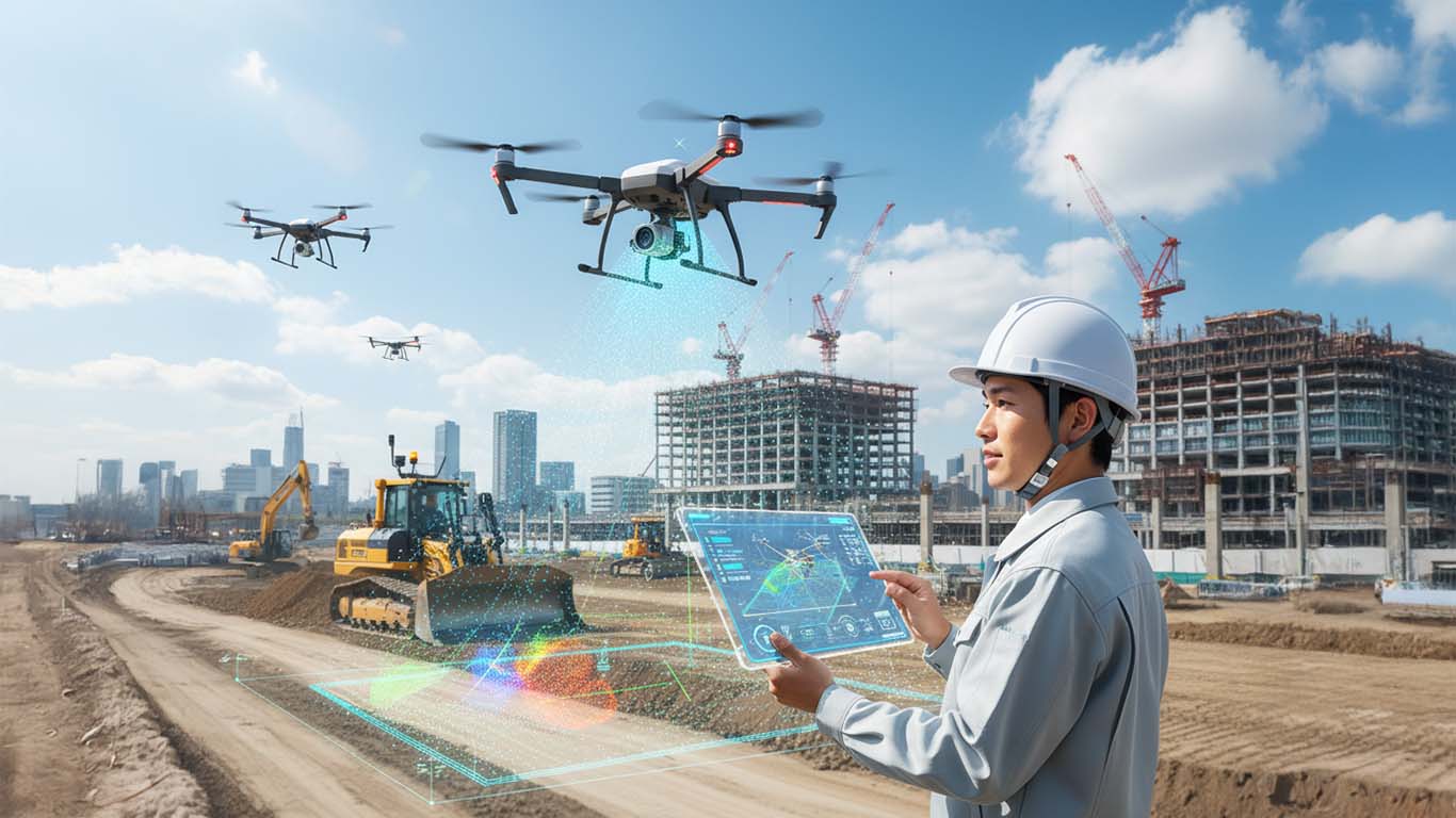 ドローンで測量をする男性