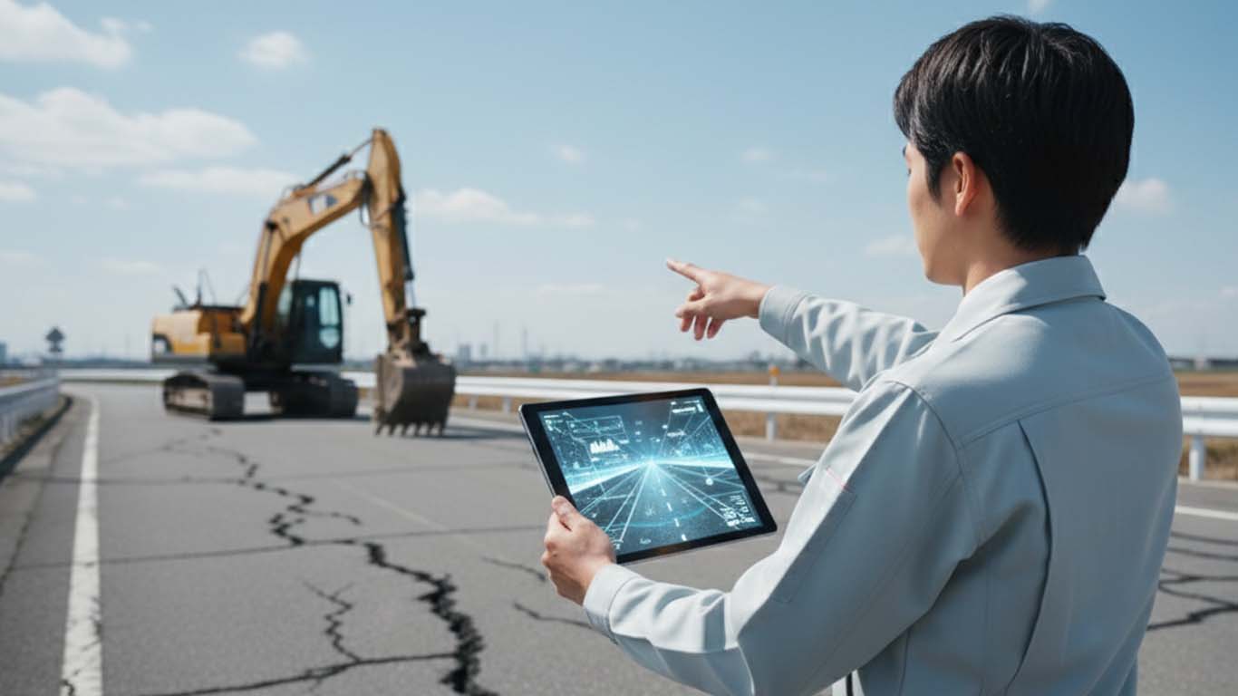 復興現場で指示を出す１級土木施工管理技士の男性