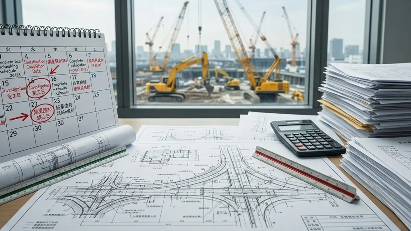 設計書とカレンダーで、設計変更の期日に追われている様子