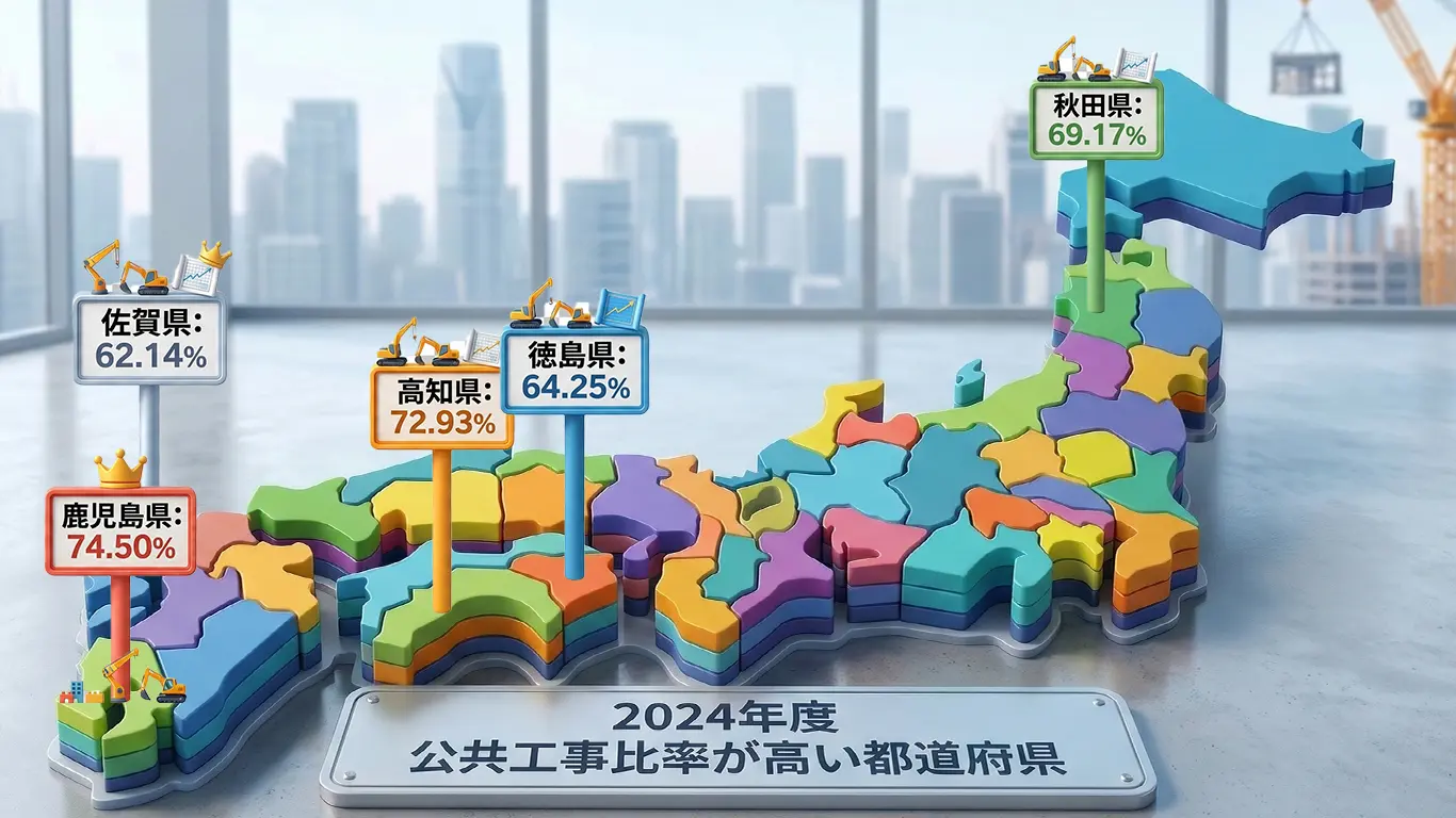 公共依存度が高い都道府県トップ5を日本地図で表した図