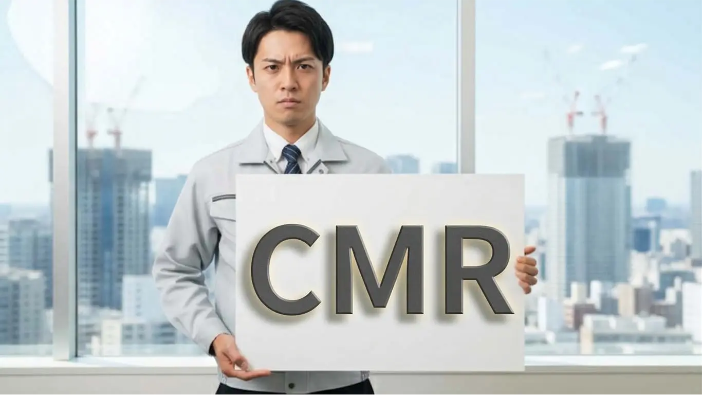 厳しい顔で「CMR」の看板を持つ技術者の男性