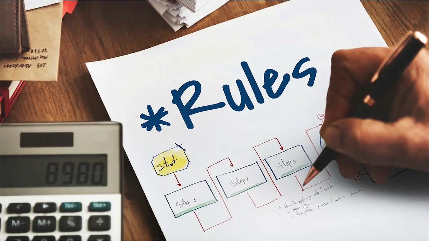 Rulesと書かれた書面を見ながら、仕事をする技術者