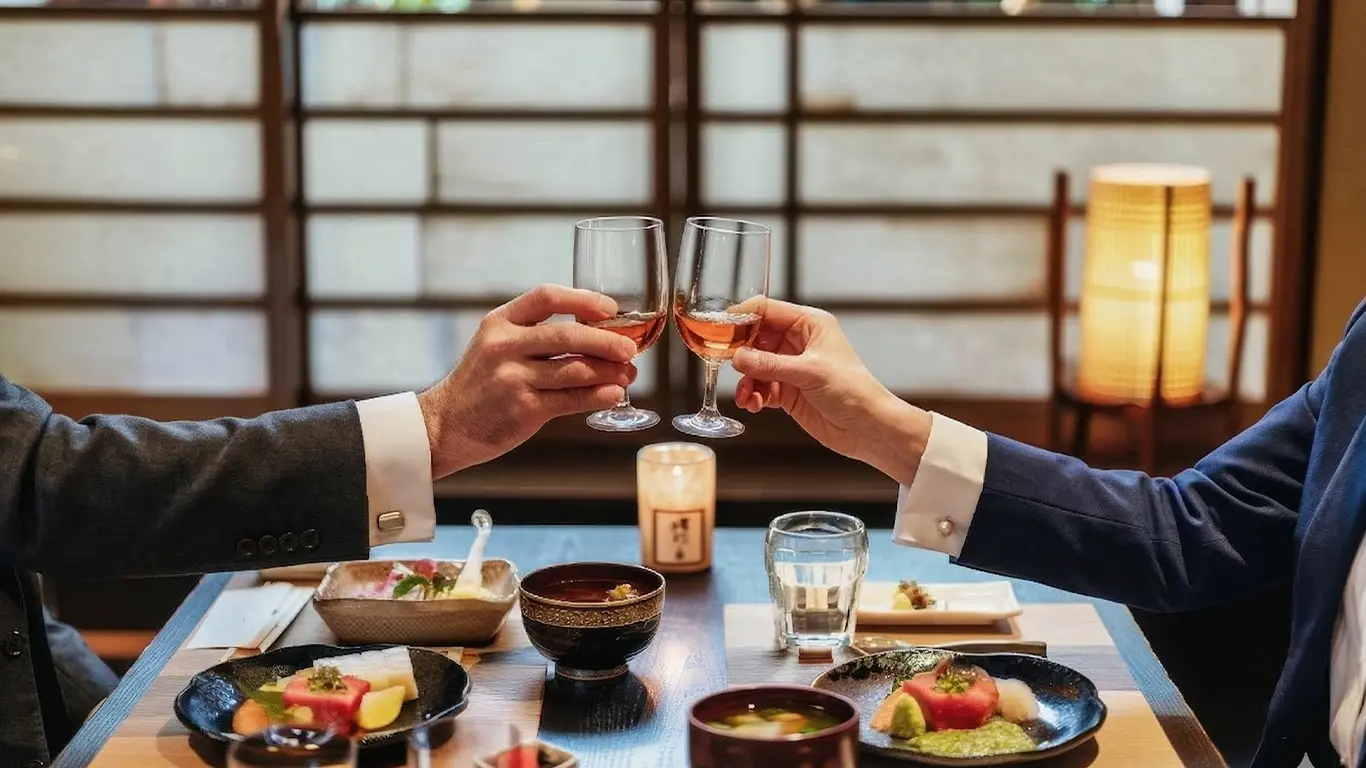 禁止されている接待で乾杯をしているスーツの男性二人