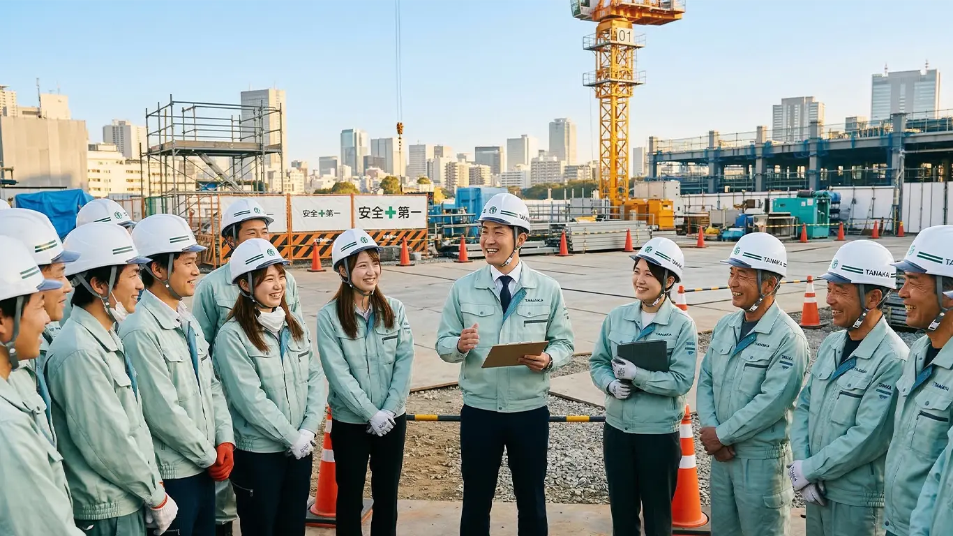 発注者支援業務の現場で、作業員とコミュニケーションをとる技術者