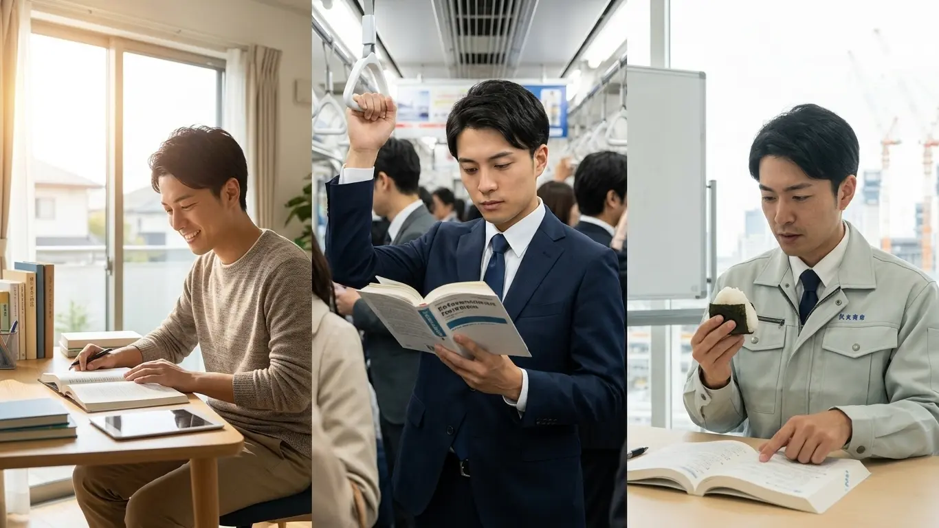 土木技術者の男性が、隙間時間や朝活で資格試験の勉強をしている