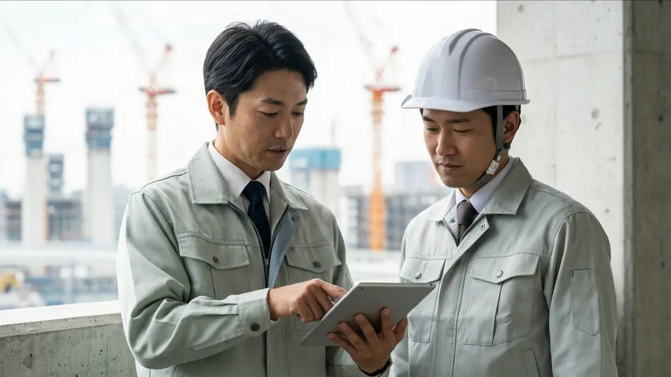 技術検査の結果について話をしている検査員と施工管理