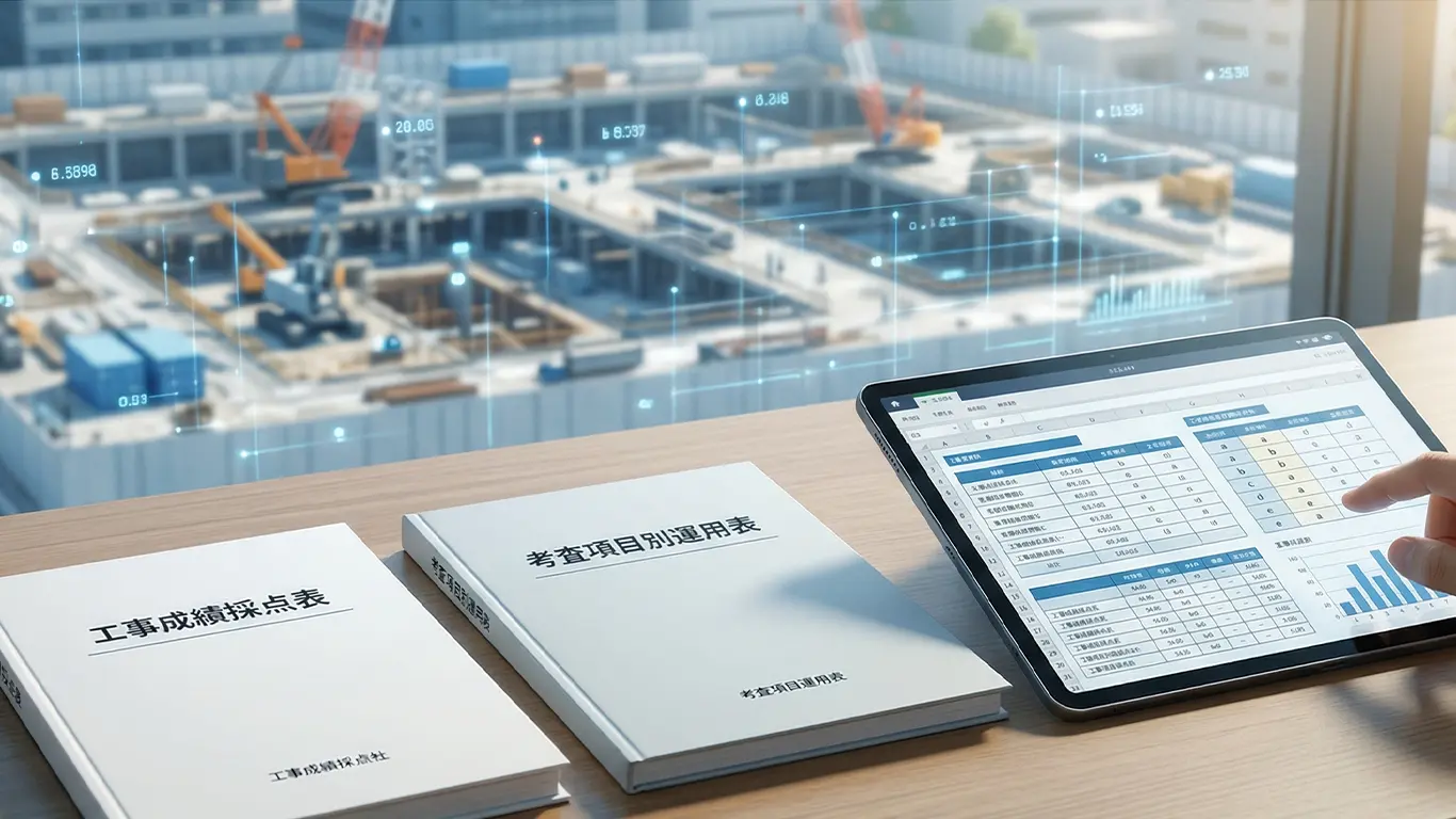 「工事成績採点表」「考査項目別運用表」を元にチェックをしている検査員