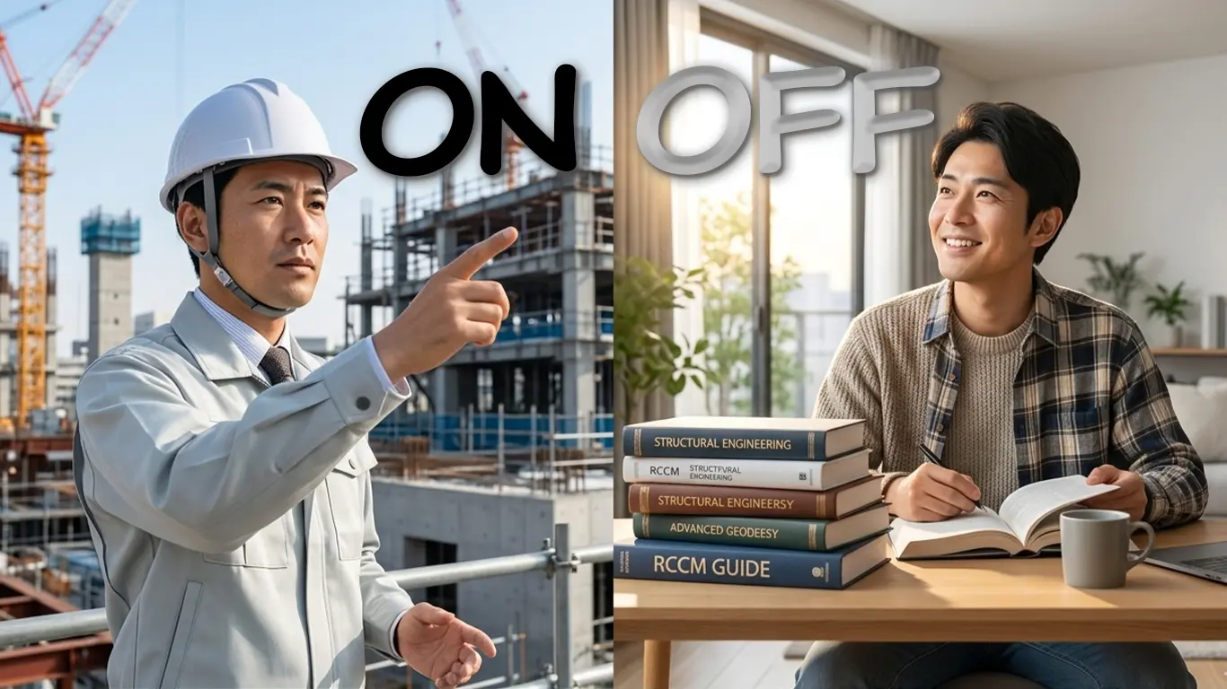 発注者支援で仕事をし、OFF時にゆったりと机に向かい勉強をしている施工管理