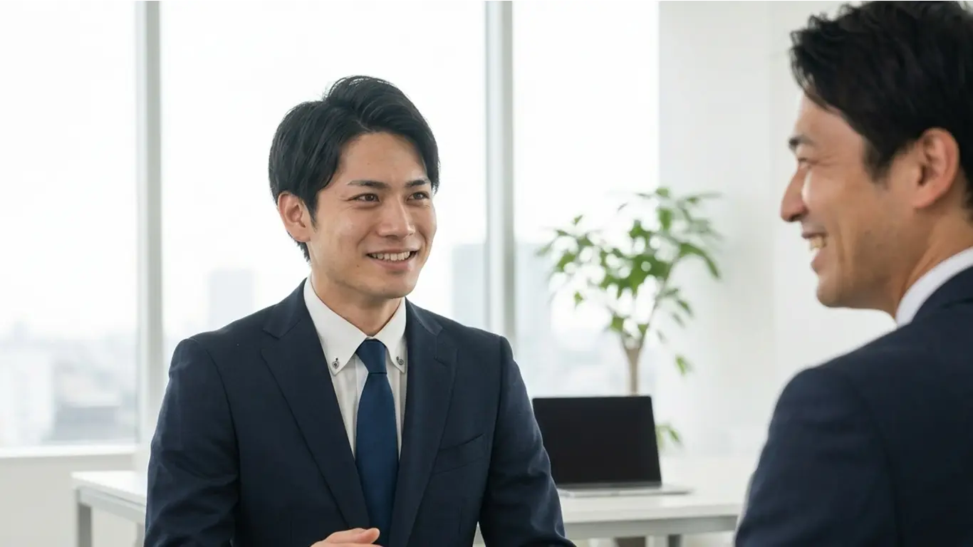 発注者支援業務の転職で面接中の男性。信頼感があり、面接官も好感触の様子。
