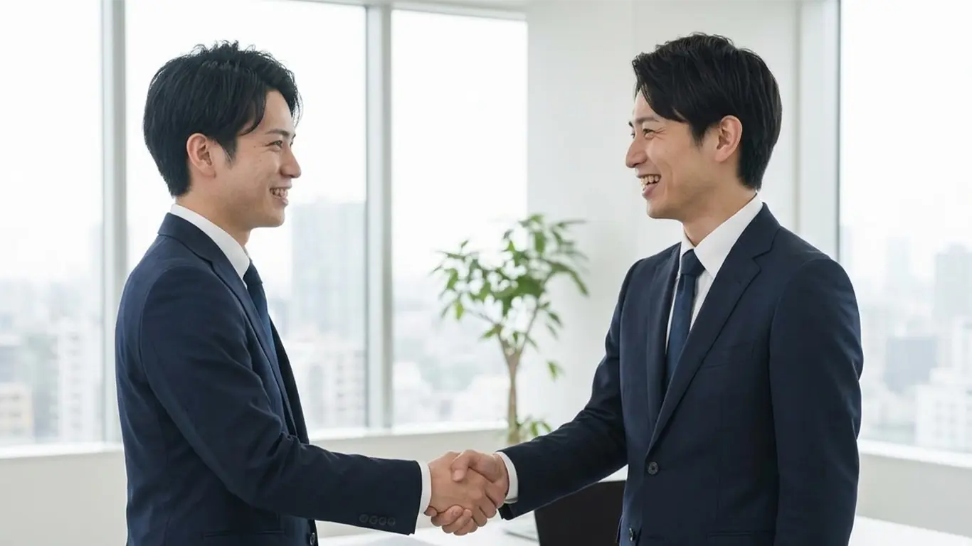 転職面接でパートナーとして握手をする施工管理と面接官