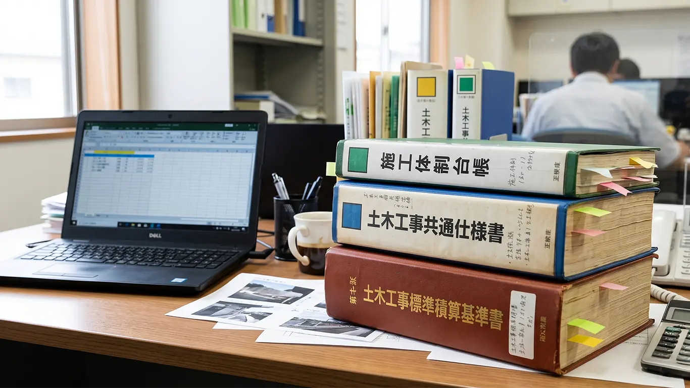オフィスの作業机の上に発注者支援業務の分厚い基準書が並んでいる