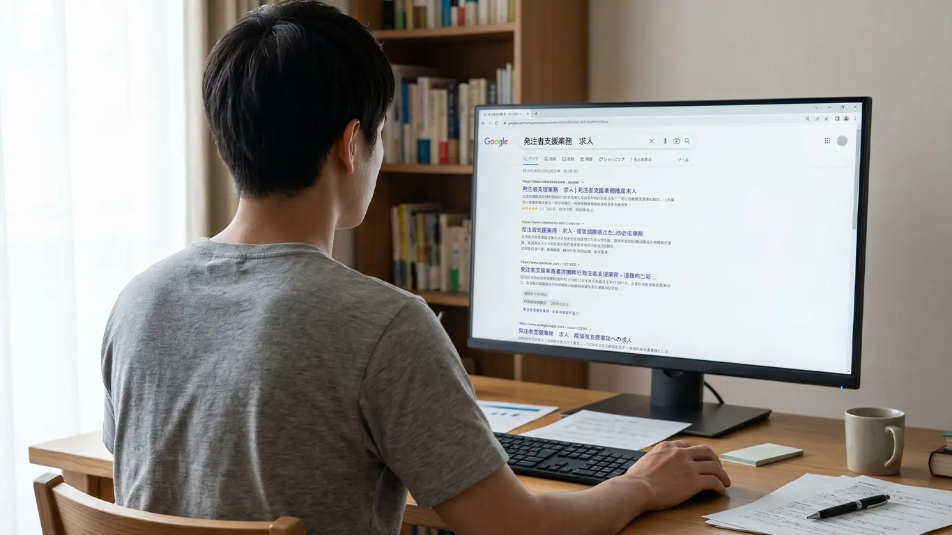 PCの前で発注者支援業務の求人を探す男性