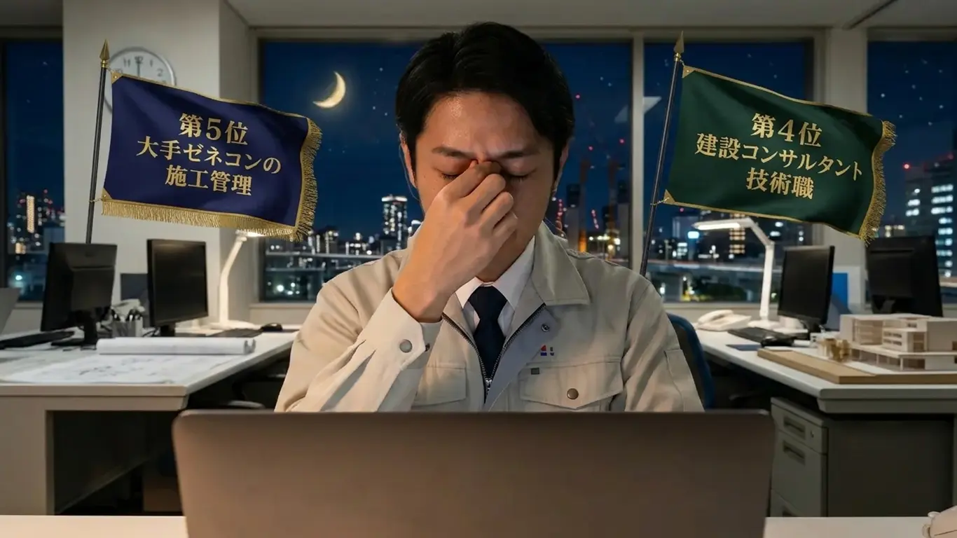 大手ゼネコンの施工管理もしくは建設コンサルタントの男性が残業で疲れている