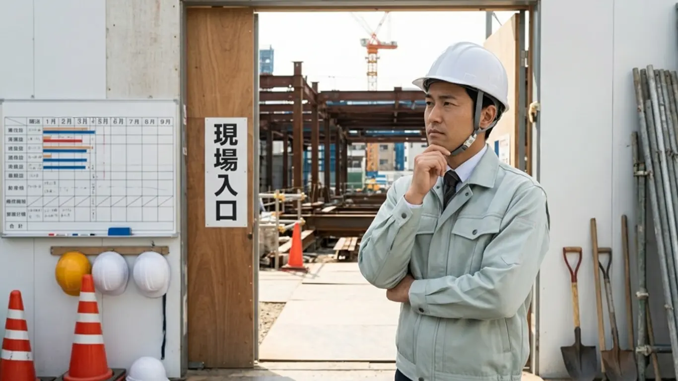 作業現場の入り口で属人業務に悩んでいる1級土木施工管理