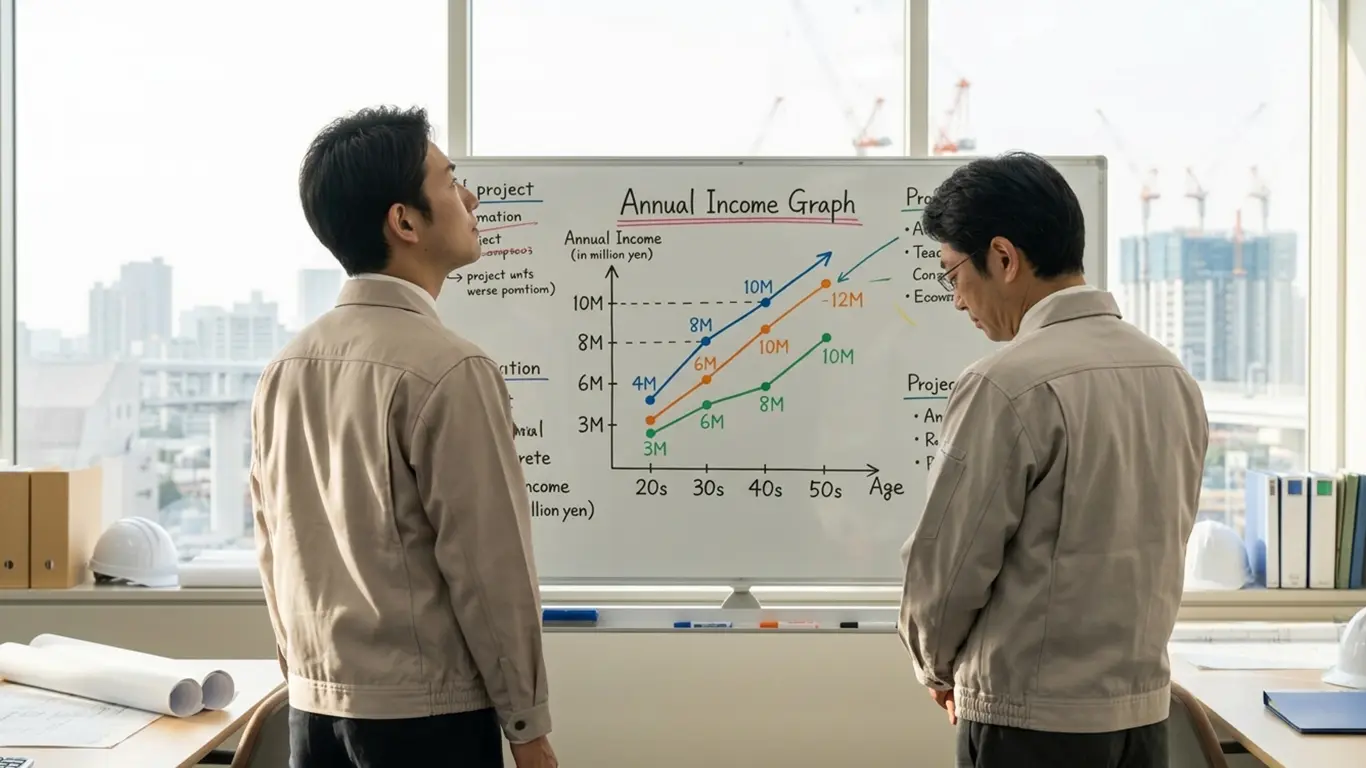 年収グラフに期待感を持った若い施工管理と悩んだ表情のベテラン施工管理