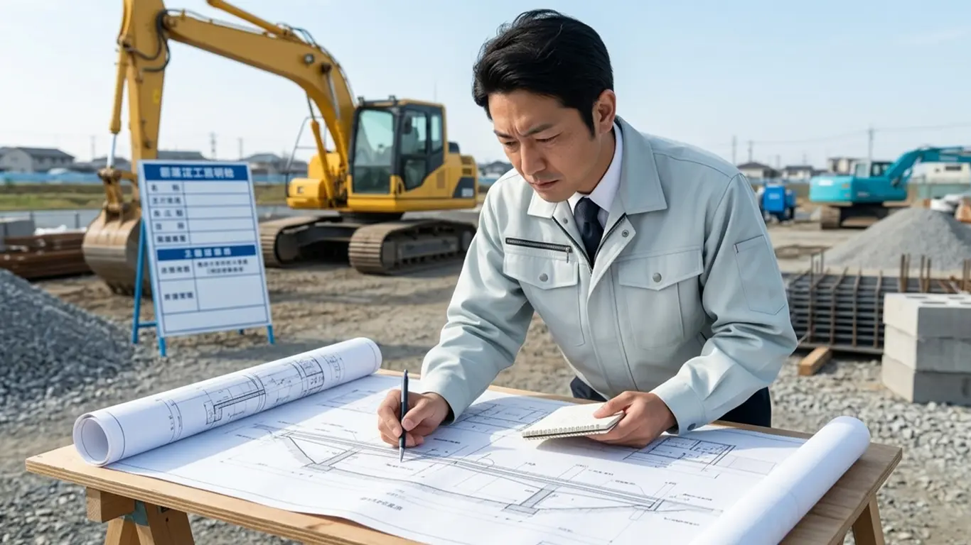 技術者が公共工事の現場で図面を確認しメモを取っている