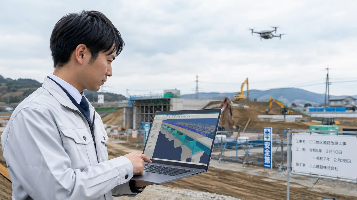 土木現場で、BIM/CIMの3Dモデルを確認する施工管理