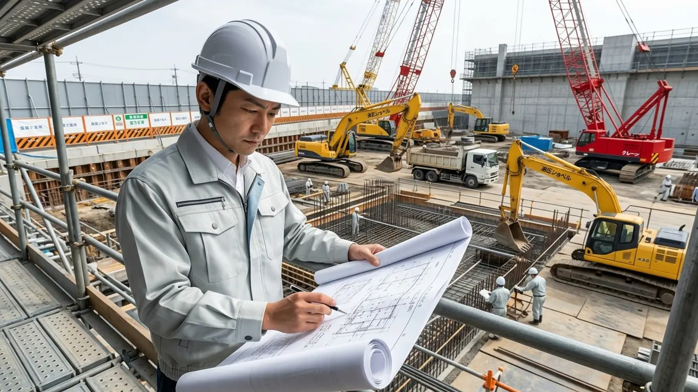 公共工事の現場で真剣にチェックしている施工管理