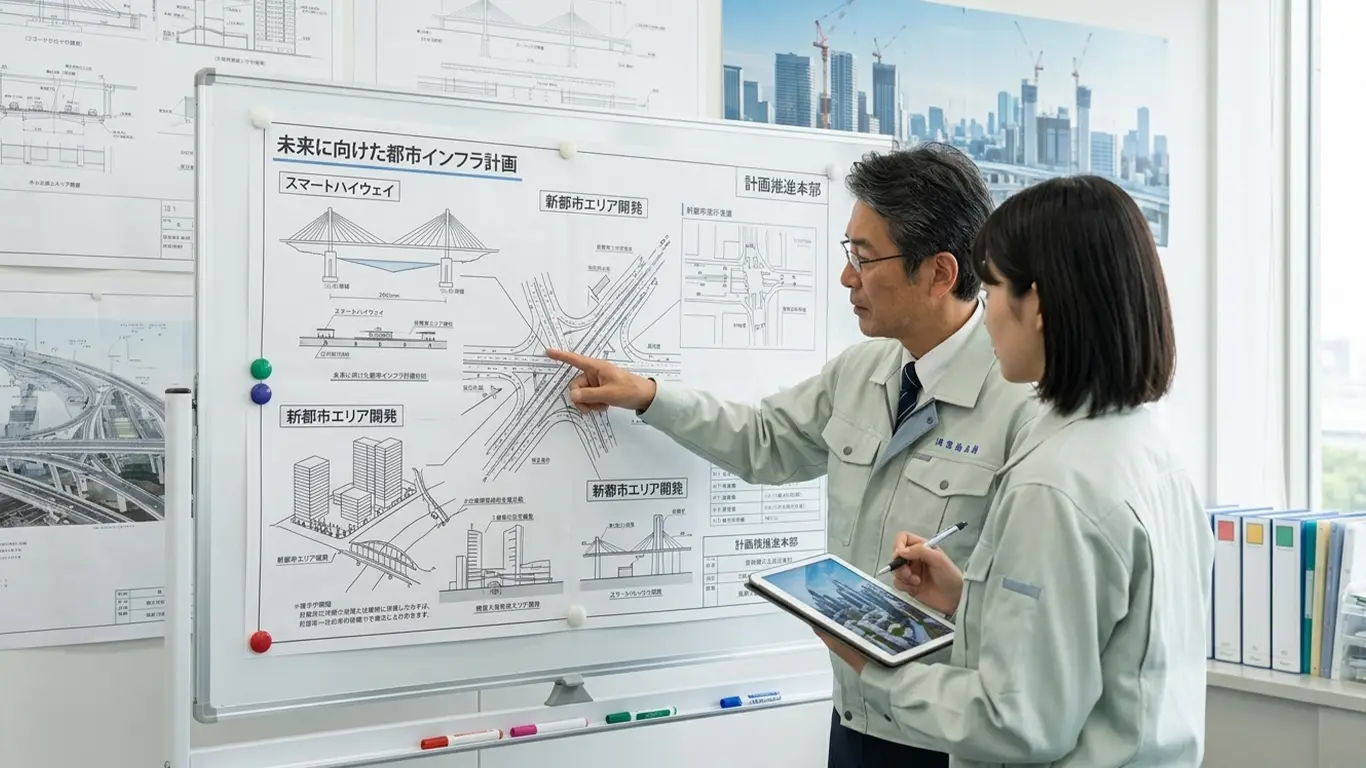 ベテラン技術者についている若手技術者が実務を経験しつつ勉強している