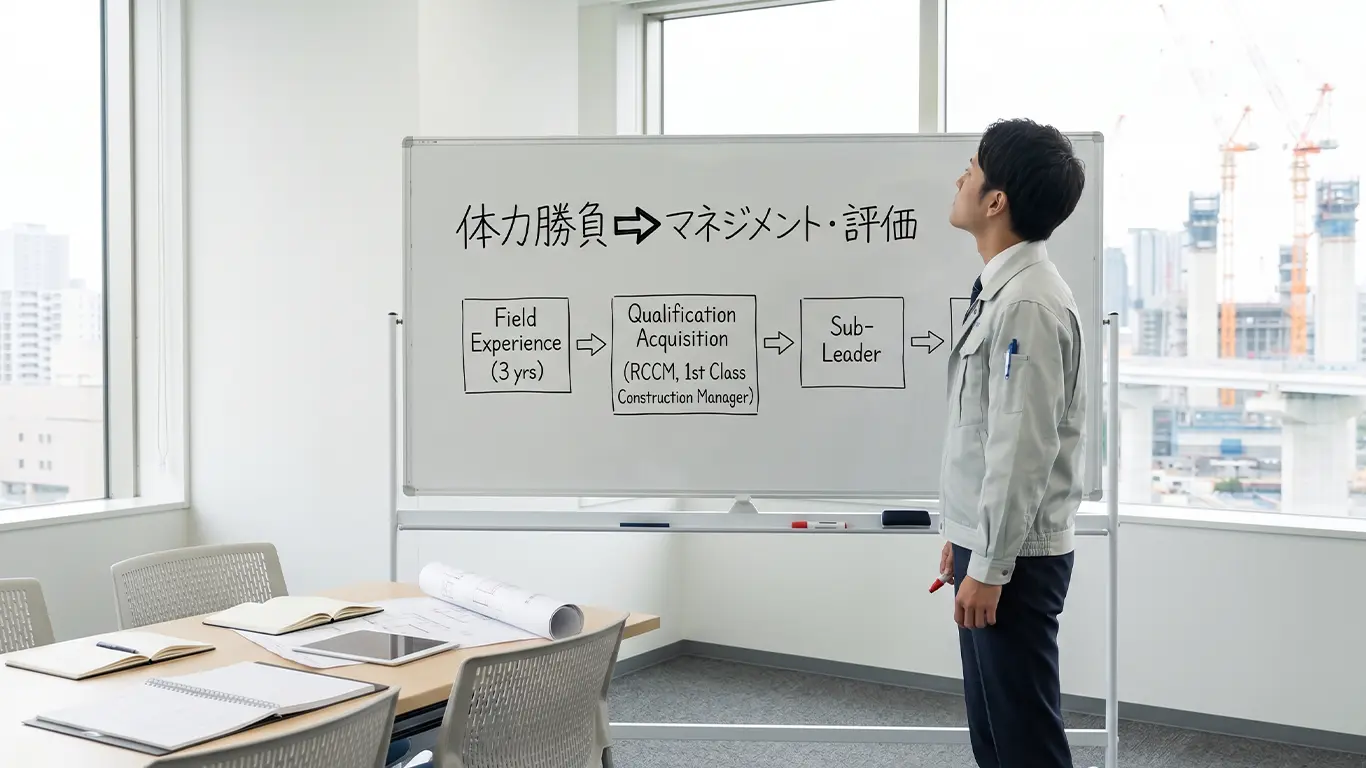 ホワイトボードに書かれているキャリアプランを見る20代の施工管理