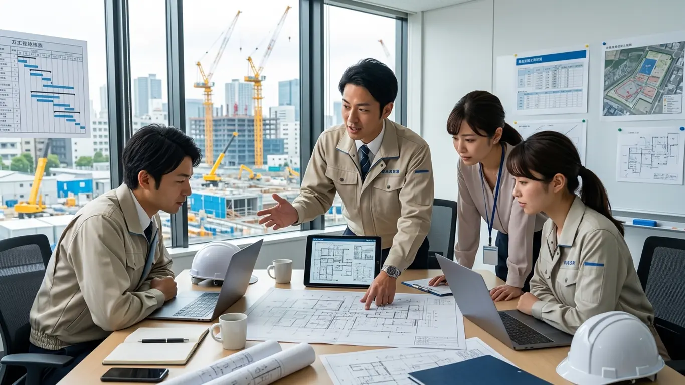 オフィスで打ち合わせをする1級土木施工管理技士