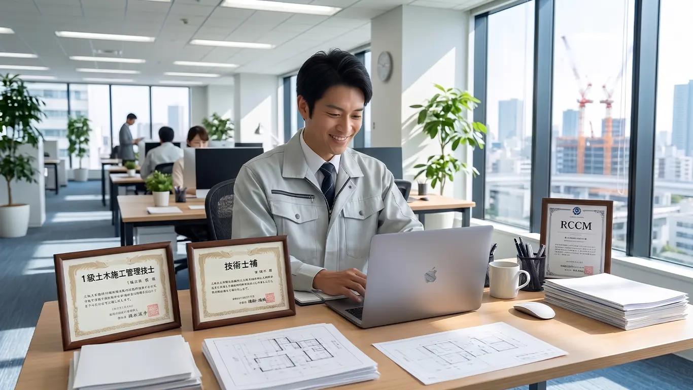資格を取って楽しそうに働く施工管理