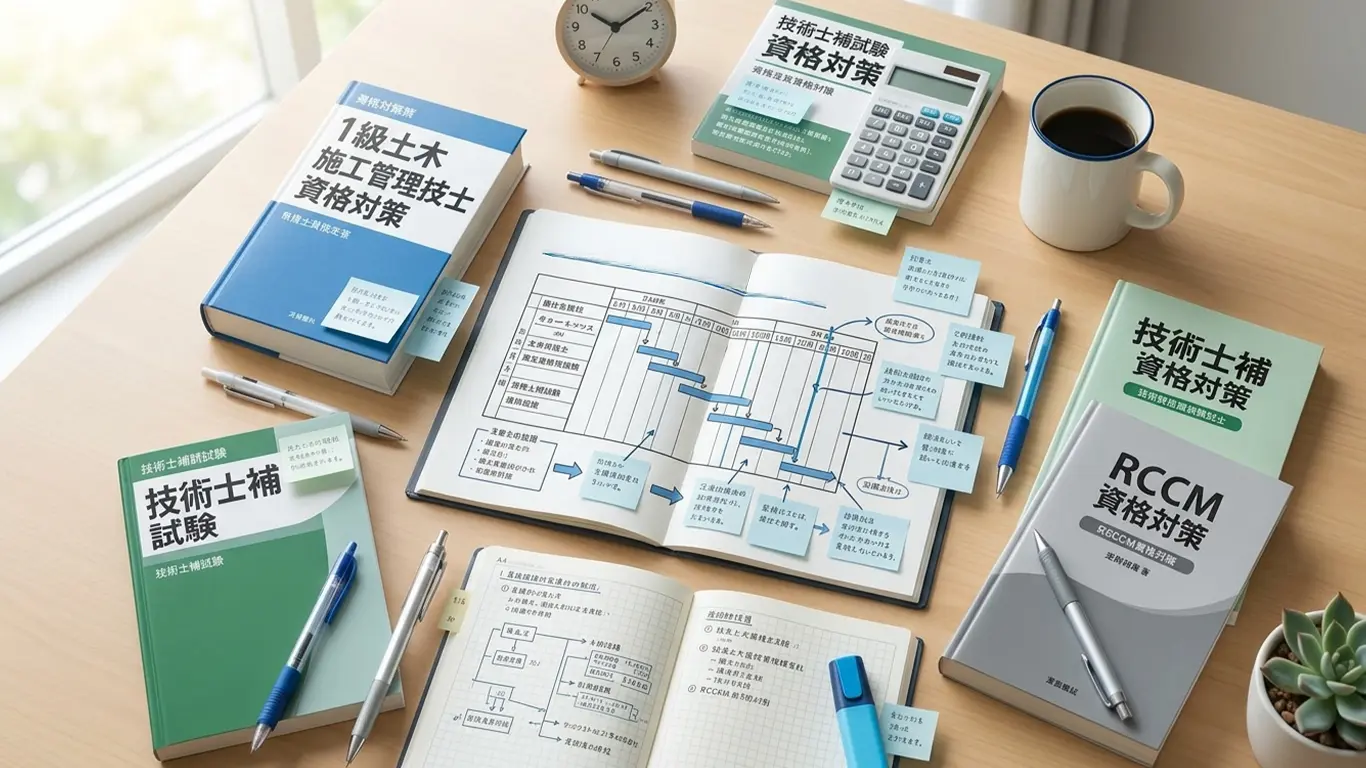 「1級土木施工管理技士、技術士補、RCCM」の資格対策をしているデスクの様子