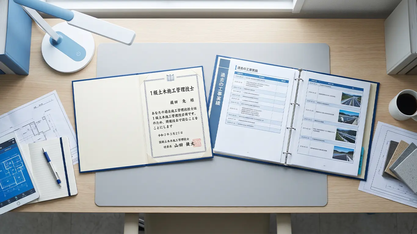 1級土木施工管理技士の資格証明書と過去の工事実績