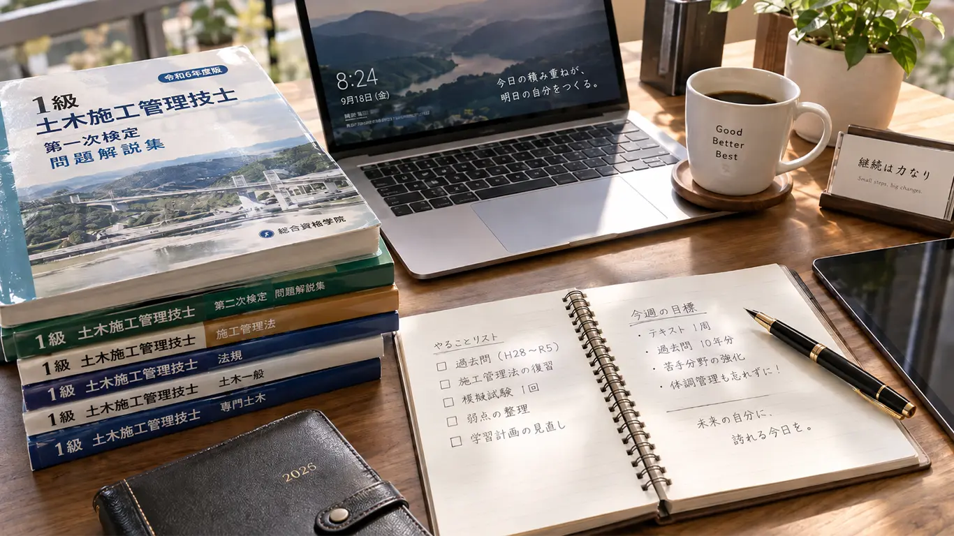デスクの上に並んだ「1級土木施工管理技士」の資格試験参考書