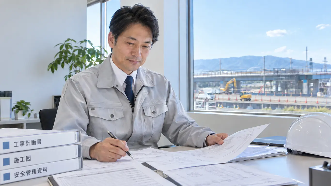 明るく開放的なオフィスで、デスクに向かう施工管理
